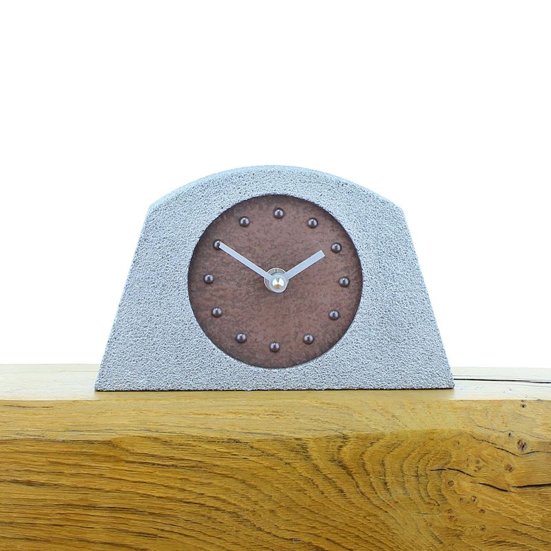 Metallic Styled Desk Clock - Arched Silver Frame - Copper Face - Silver Hands