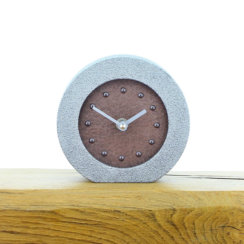 Metallic Styled Desk Clock - Round Silver Frame - Copper Face - Silver Hands