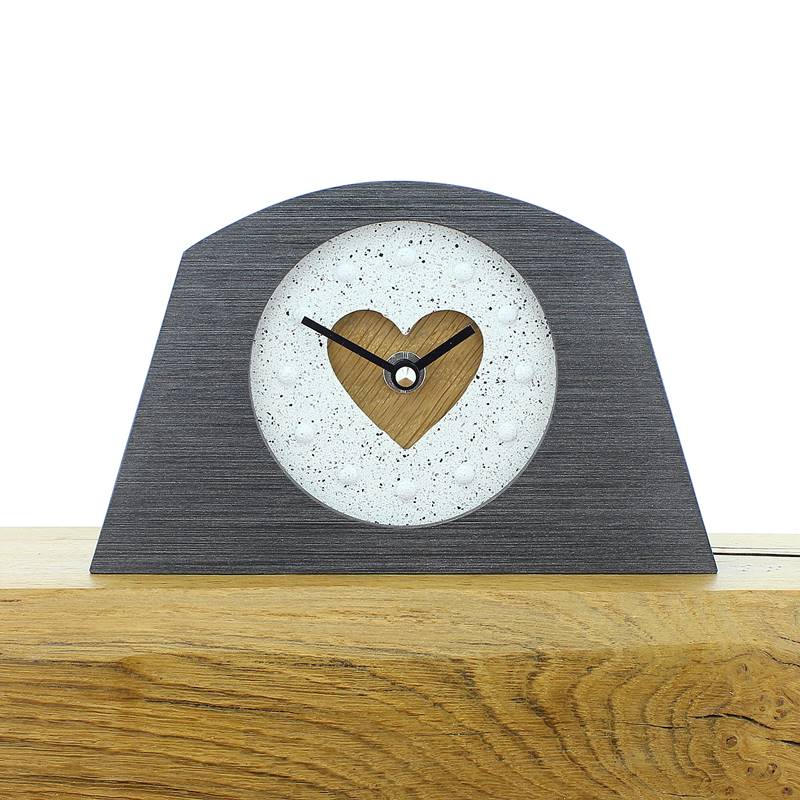 Rustic Mantel Clock with Granite Effect Face and Inlaid Oak Heart in a Pewter Coloured Frame