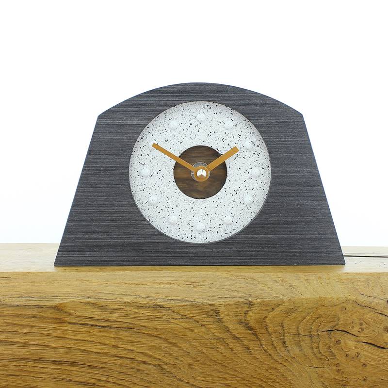 Rustic Mantel Clock with Granite Effect Face and Inlaid Walnut in a Pewter Coloured Frame