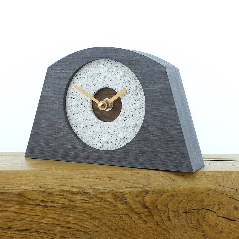 Rustic Mantel Clock with Granite Effect Face and Inlaid Walnut in a Pewter Coloured Frame