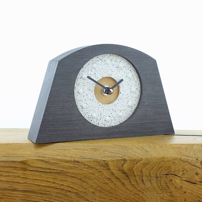 Rustic Mantel Clock with Granite Effect Face and Inlaid Beech in a Pewter Coloured Frame