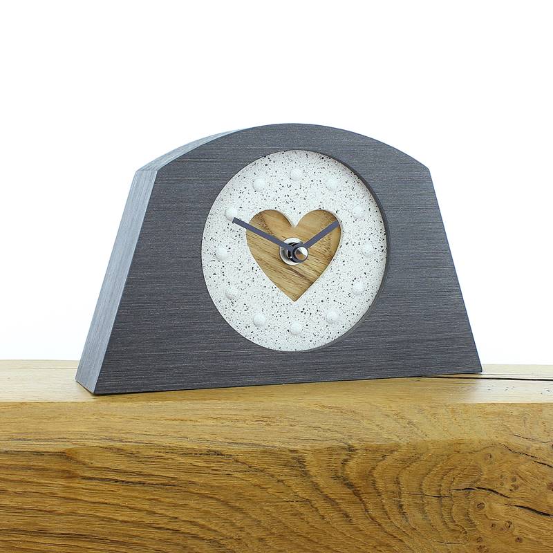 Rustic Mantel Clock with Granite Effect Face and Inlaid Oak Heart in a Pewter Coloured Frame