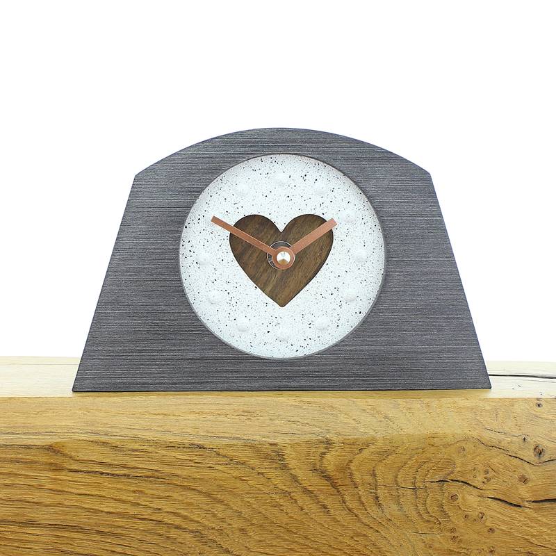 Rustic Mantel Clock with Granite Effect Face and Inlaid Walnut Heart in a Pewter Coloured Frame