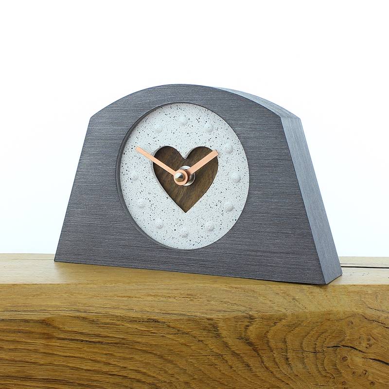 Rustic Mantel Clock with Granite Effect Face and Inlaid Walnut Heart in a Pewter Coloured Frame