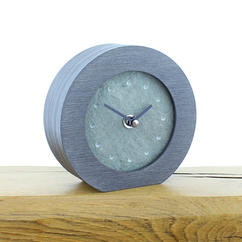 Round Pewter Coloured Mantel Clock with a Real Solid English Lake District Slate Face