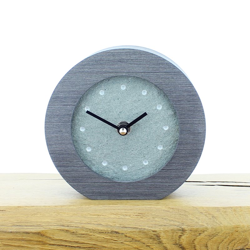 Round Pewter Coloured Mantel Clock with a Real Solid English Lake District Slate Face