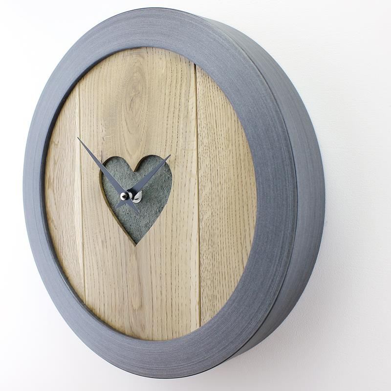 Solid Oak Wood Faced Wall Clock with Inserted Heart Shaped Real English Slate