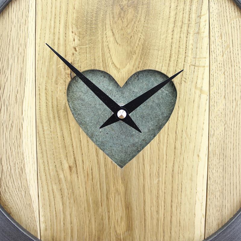 Solid Oak Wood Faced Wall Clock with Inserted Heart Shaped Real English Slate