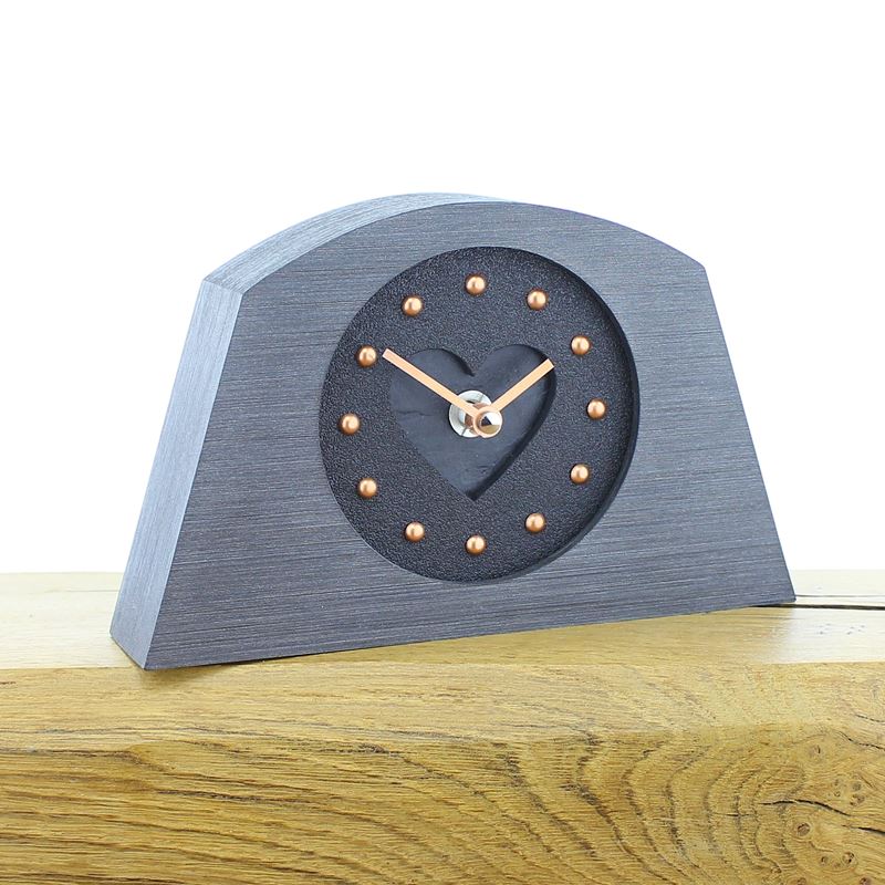 Arched Pewter Colour Framed, Black Faced Mantel Clock, with Recessed Black Slate Effect Heart, Copper Studs and Hands