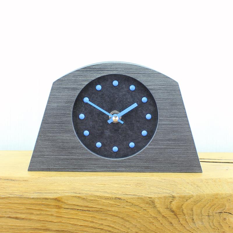 Slate Effect Mantel Clock in a Arch Shaped Pewter Coloured Frame with Blue Studs and Hands