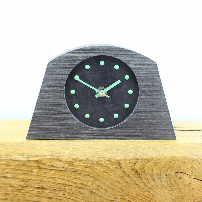 Slate Effect Mantel Clock in a Arch Shaped Pewter Coloured Frame with Green Studs and Hands