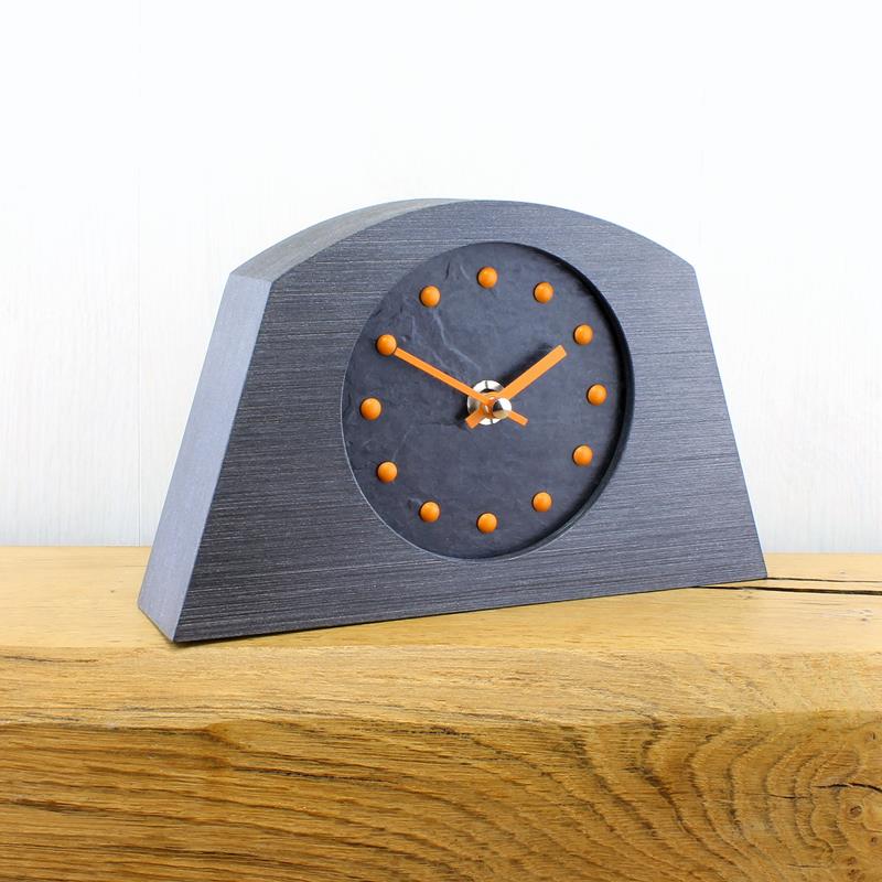 Slate Effect Mantel Clock in a Arched Pewter Coloured Frame with Orange Studs and Hands