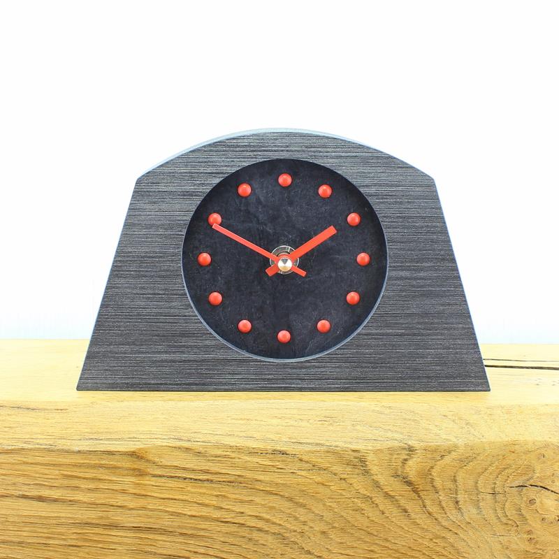 Slate Effect Mantel Clock in a Arch Shaped Pewter Coloured Frame with Red Studs and Hands