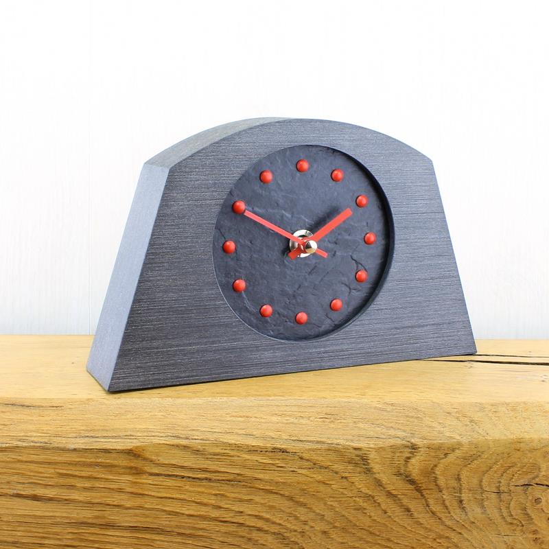 Slate Effect Mantel Clock in a Arch Shaped Pewter Coloured Frame with Red Studs and Hands