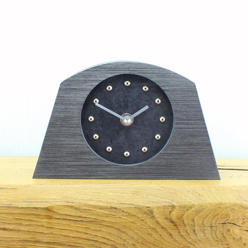 Slate Effect Mantel Clock in a Arch Shaped Pewter Coloured Frame with Silver Studs and Hands