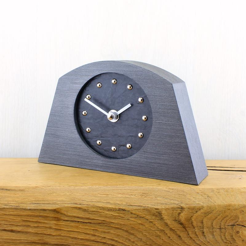 Slate Effect Mantel Clock in a Arch Shaped Pewter Coloured Frame with Silver Studs and Hands