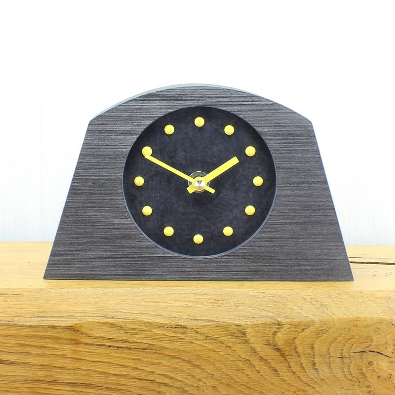 Slate Effect Mantel Clock in a Arch Shaped Pewter Coloured Frame with Yellow Studs and Hands