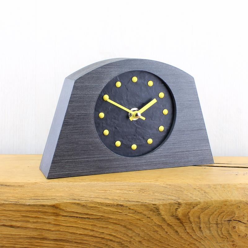Slate Effect Mantel Clock in a Arch Shaped Pewter Coloured Frame with Yellow Studs and Hands