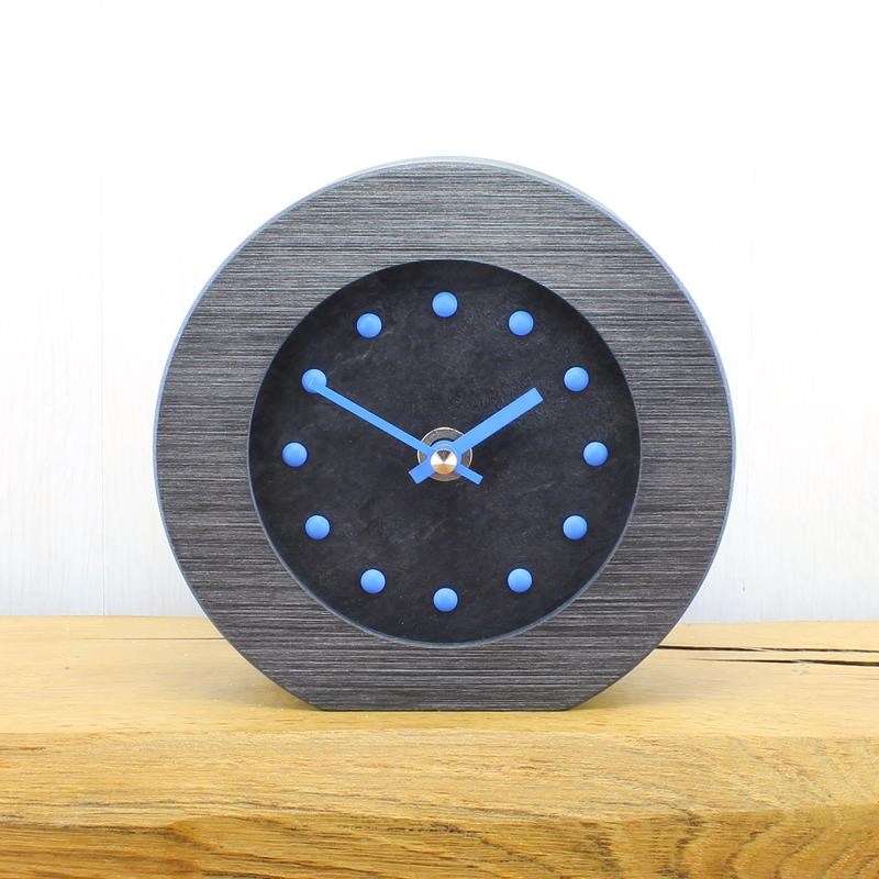 Slate Effect Mantel Clock in a Pewter Coloured Frame with Blue Studs and Hands