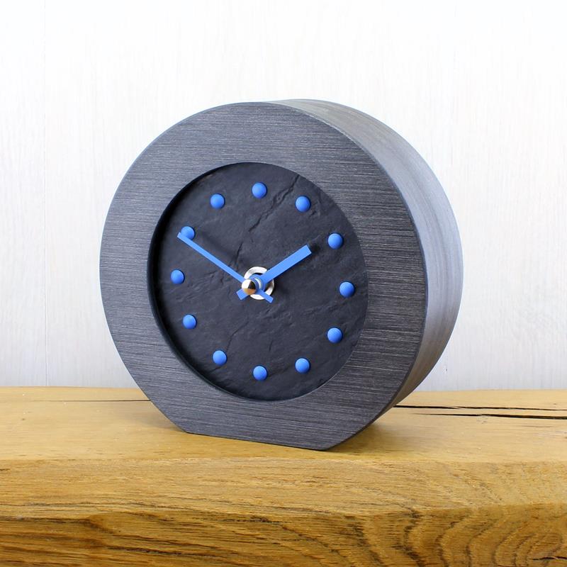 Slate Effect Mantel Clock in a Pewter Coloured Frame with Blue Studs and Hands