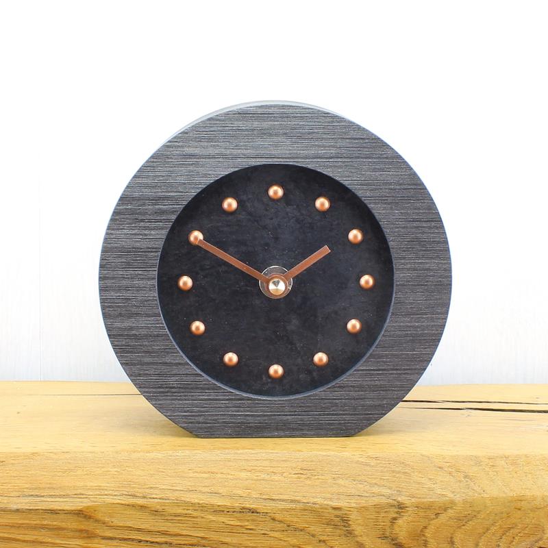 Slate Effect Mantel Clock in a Pewter Coloured Frame with Copper Studs and Silver Hands