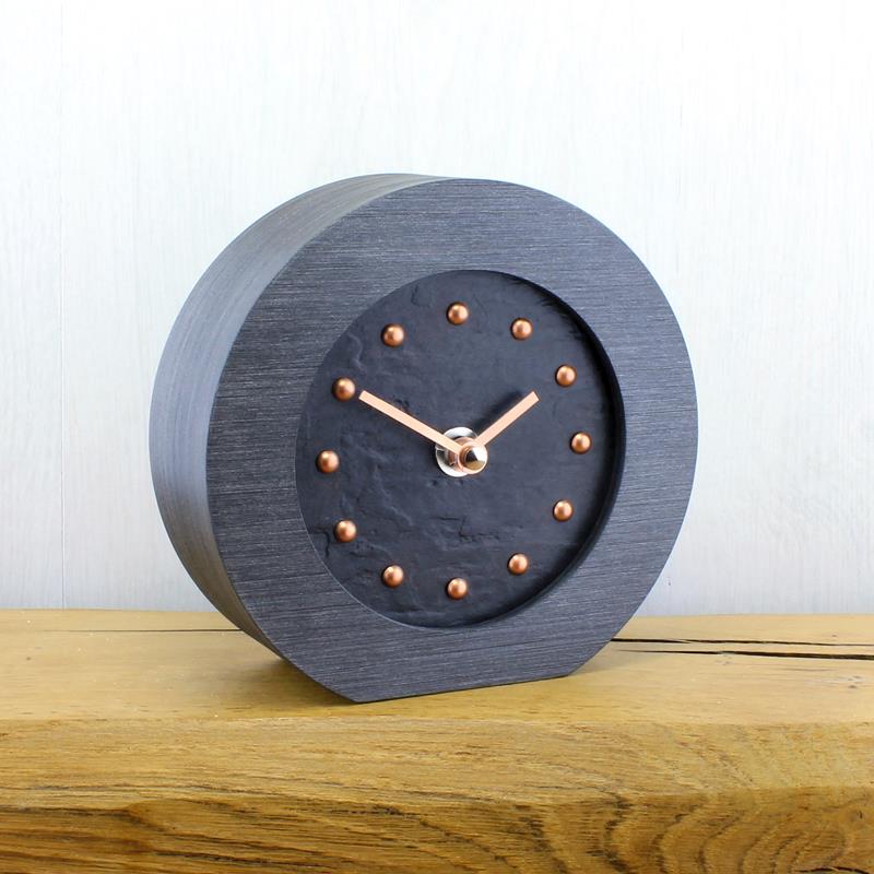 Slate Effect Mantel Clock in a Pewter Coloured Frame with Copper Studs and Copper Hands