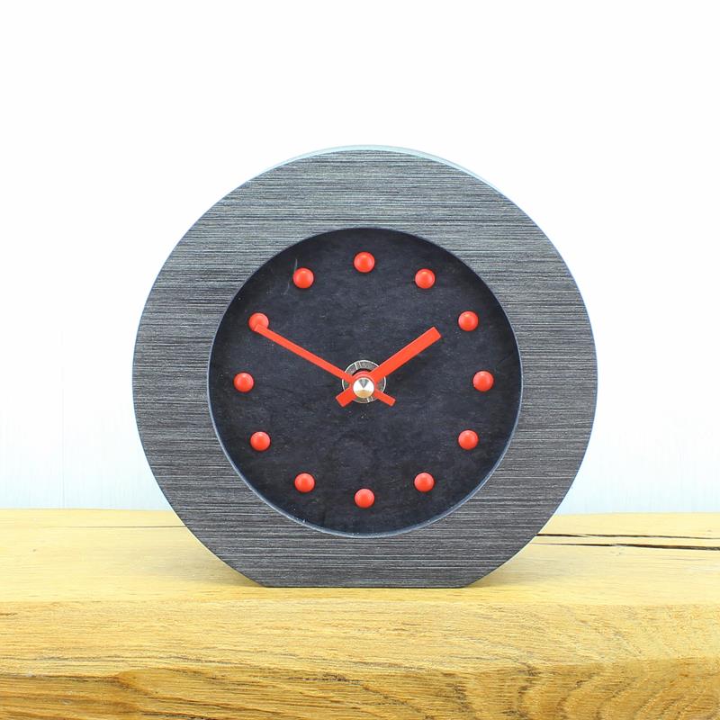 Slate Effect Mantel Clock in a Pewter Coloured Frame with Red Studs and Hands