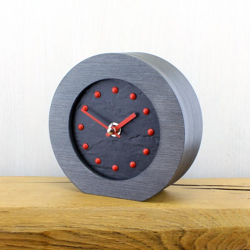 Slate Effect Mantel Clock in a Pewter Coloured Frame with Red Studs and Hands