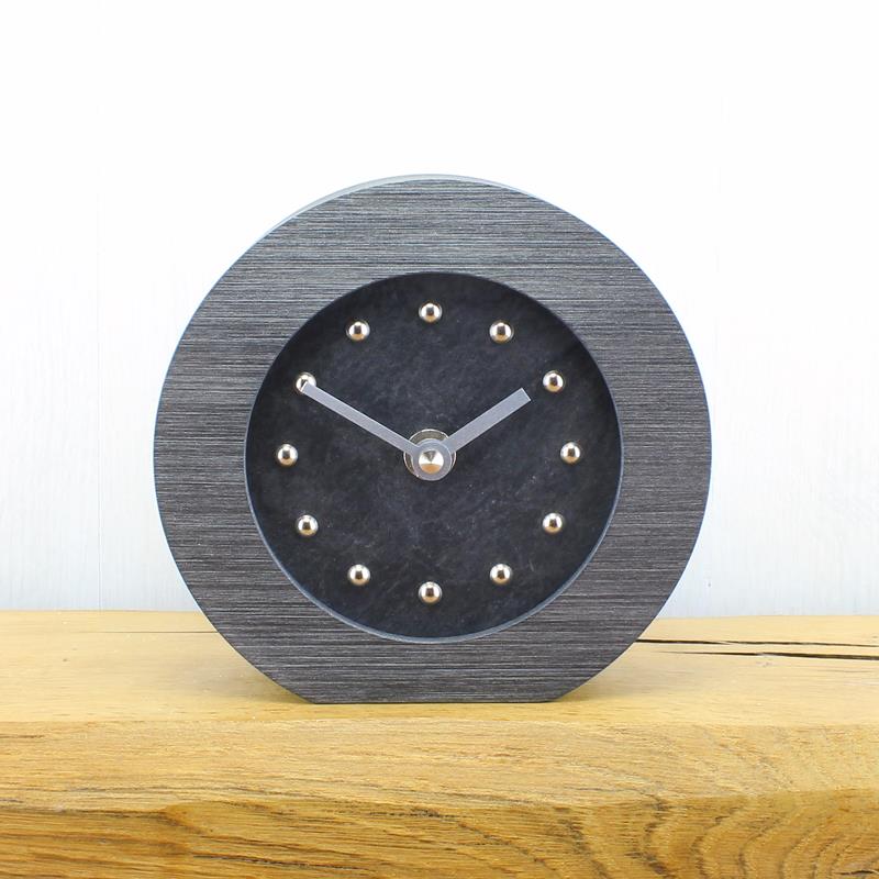 Slate Effect Mantel Clock in a Pewter Coloured Frame with Silver Studs and Hands