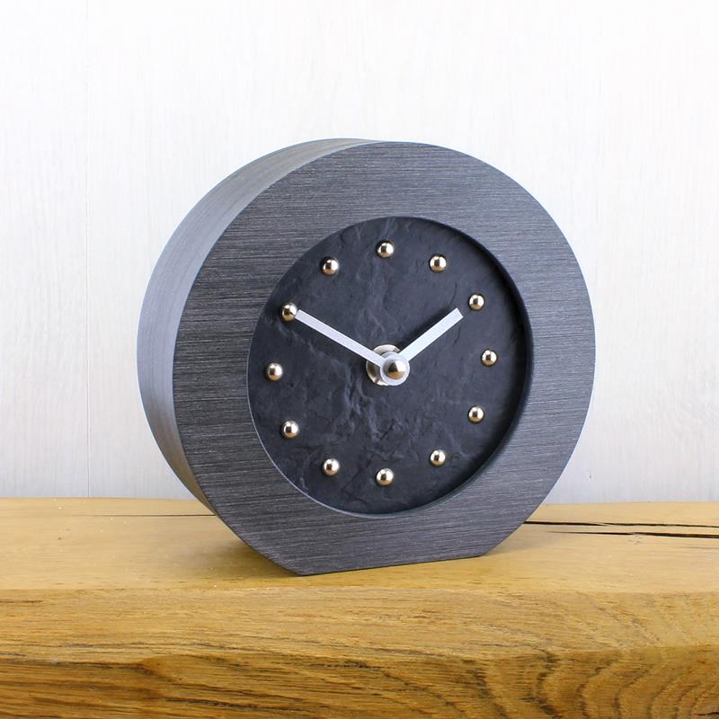 Slate Effect Mantel Clock in a Pewter Coloured Frame with Silver Studs and Hands