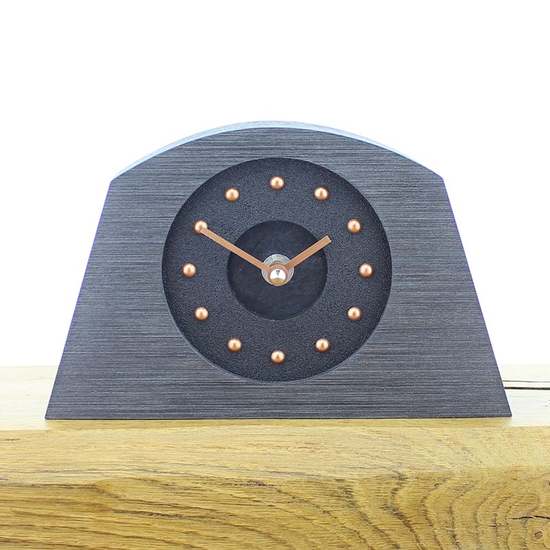 Arched Pewter Colour Framed, Black Faced Mantel Clock, with Recessed Black Slate Effect Center, Copper Studs and Hands