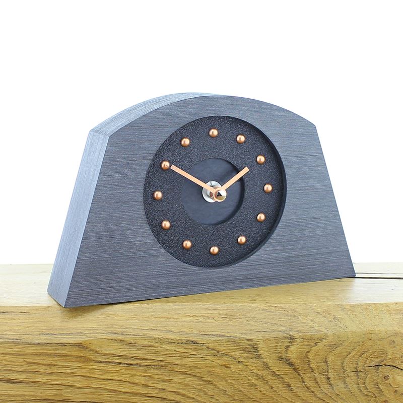 Arched Pewter Colour Framed, Black Faced Mantel Clock, with Recessed Black Slate Center, Copper Studs and Hands