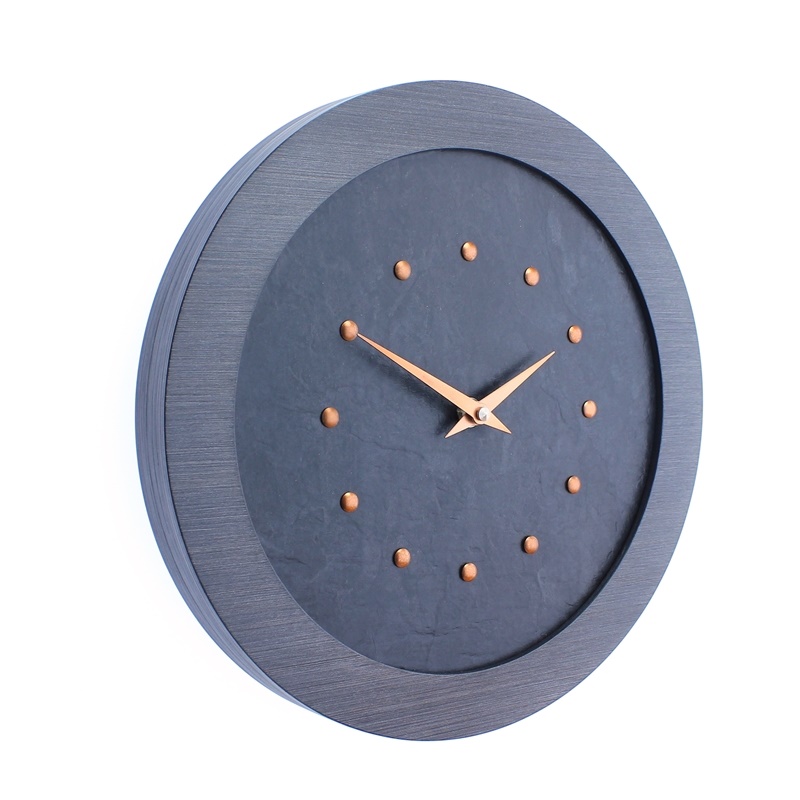 A Stylish Slate Effect Wall Clock in a Pewter Coloured Frame with Bright Copper Studs and Hands