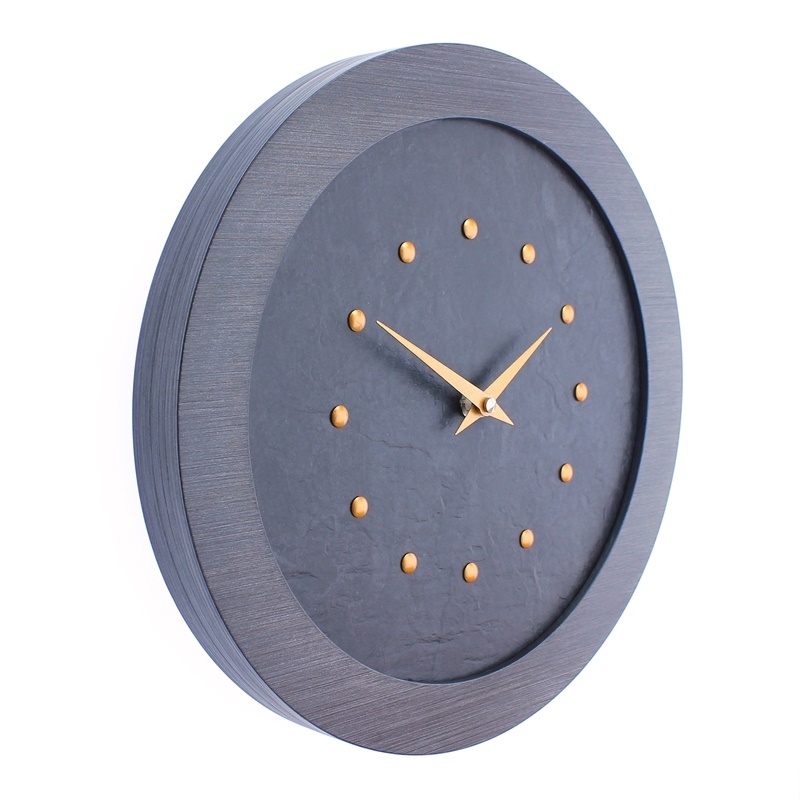 A Stylish Slate Effect Wall Clock in a Pewter Coloured Frame with Dull Copper Studs and Hands