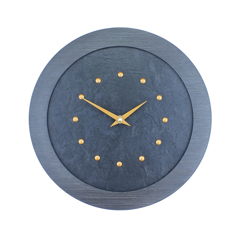 A Stylish Slate Effect Wall Clock in a Pewter Coloured Frame with Dull Copper Studs and Hands