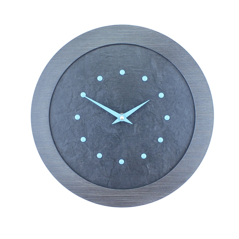 A Stylish Slate Effect Wall Clock in a Pewter Coloured Frame with Light Blue Studs and Hands