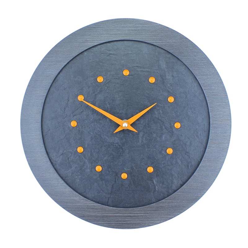 A Stylish Slate Effect Wall Clock in a Pewter Coloured Frame with Orange Studs and Orange Hands