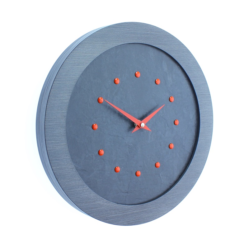 A Stylish Slate Effect Wall Clock in a Pewter Coloured Frame with Red Studs and Silver Hands