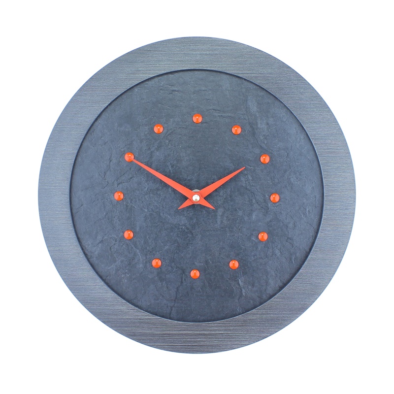 A Stylish Slate Effect Wall Clock in a Pewter Coloured Frame with Red Studs and Silver Hands