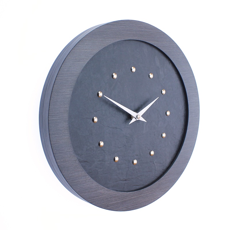 A Stylish Slate Effect Wall Clock in a Pewter Coloured Frame with Silver Studs and Hands