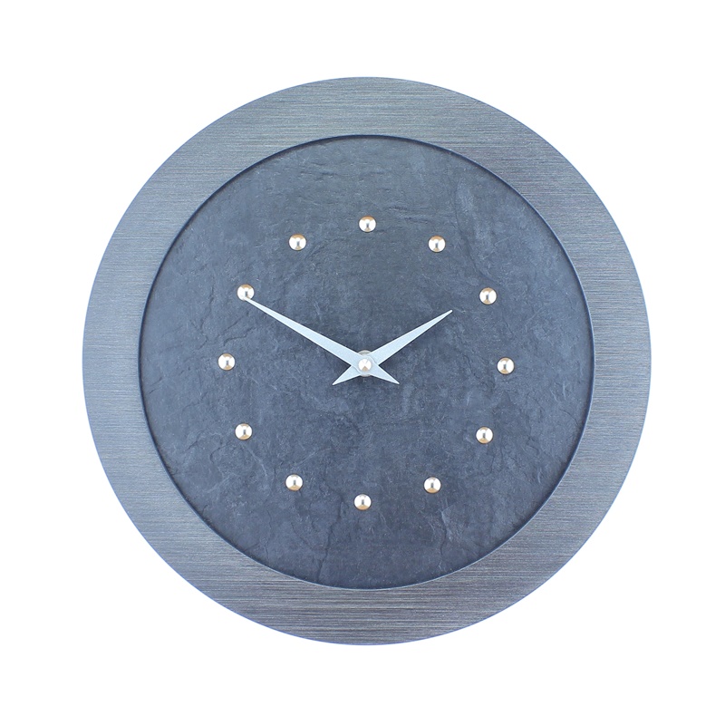 A Stylish Slate Effect Wall Clock in a Pewter Coloured Frame with Silver Studs and Silver Hands
