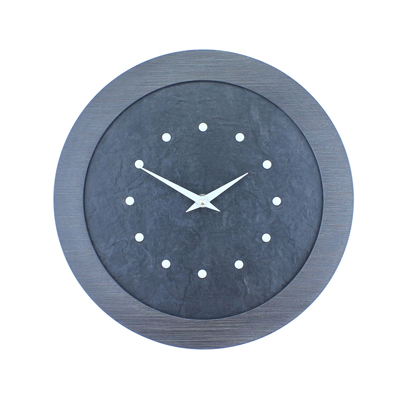 A Stylish Slate Effect Wall Clock in a Pewter Coloured Frame with White Studs and White Hands