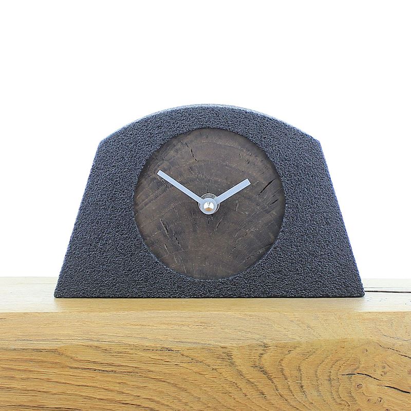 Arched Black Framed Mantel Clock with English Bog Oak Face