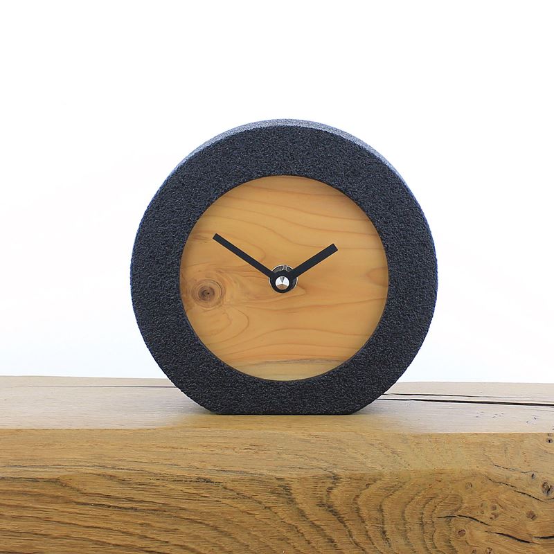 Round Black Framed Mantel Clock with English Yew Face