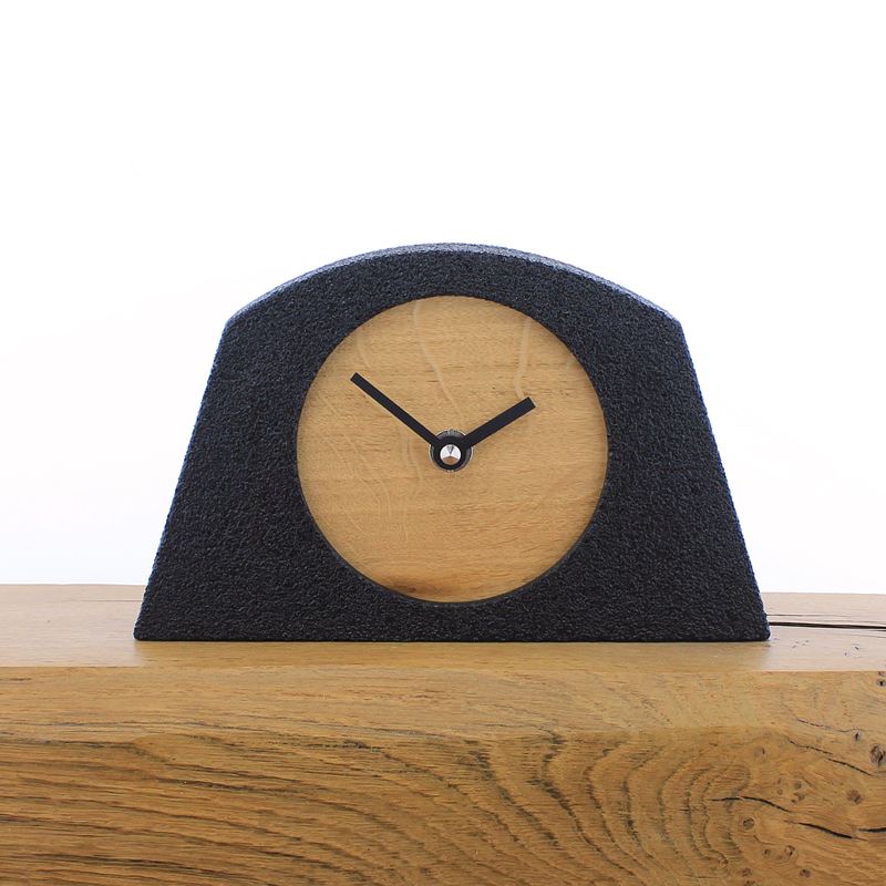 Arched Black Framed Mantel Clock with English Oak Face