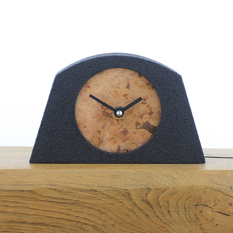 Arched Black Framed Mantel Clock with a Pine Burr Face