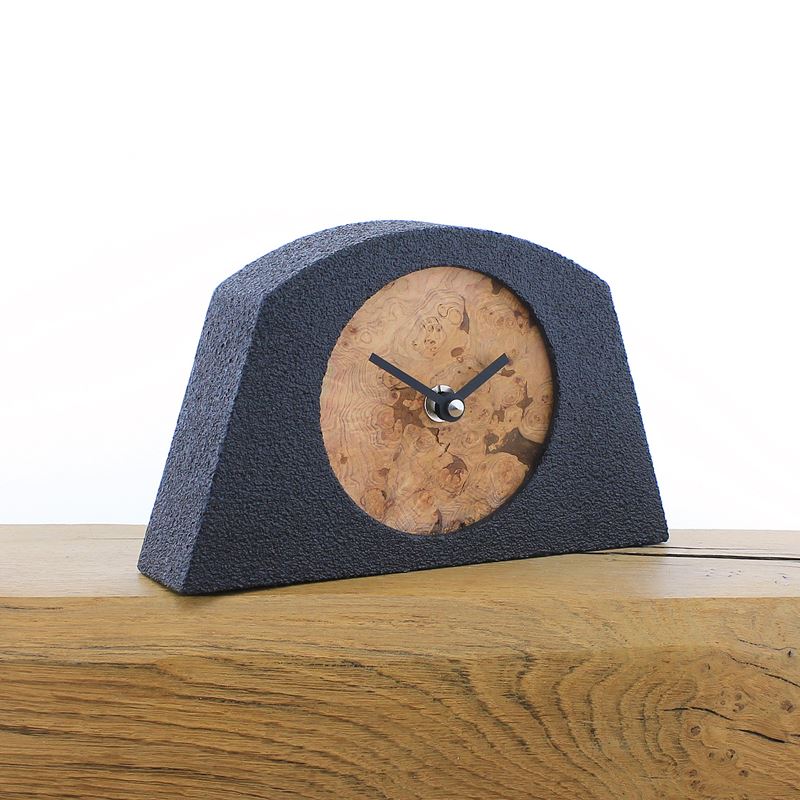 Arched Black Framed Mantel Clock with a Pine Burr Face