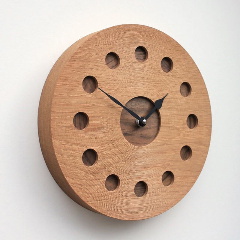 Round Oak Wall Clock with Inlaid Walnut at the Hour Positions