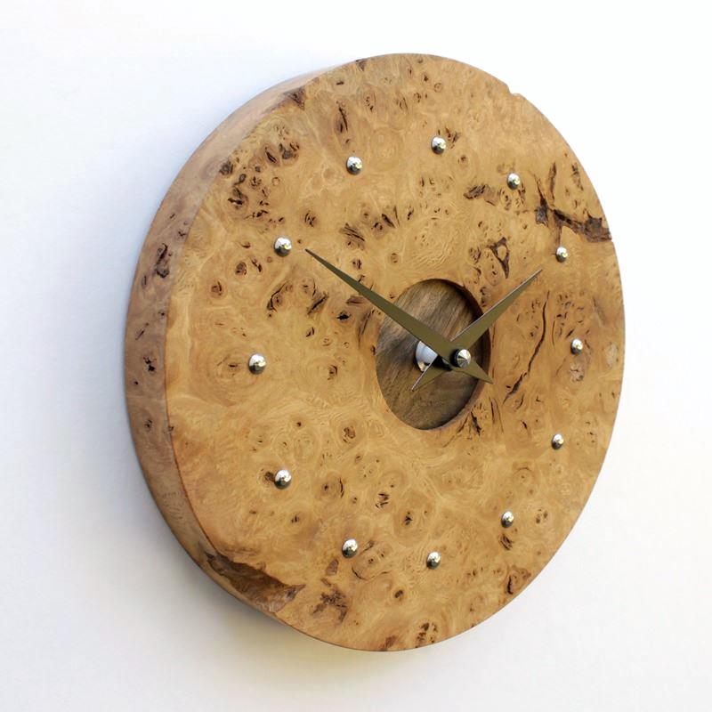 Rustic Burr Oak Wall Clock with Inlaid Walnut